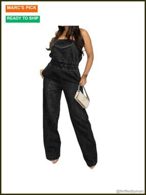Strapless Cargo Denim Jumpsuit Sleeveless Jean Romper Summer Club Outfit